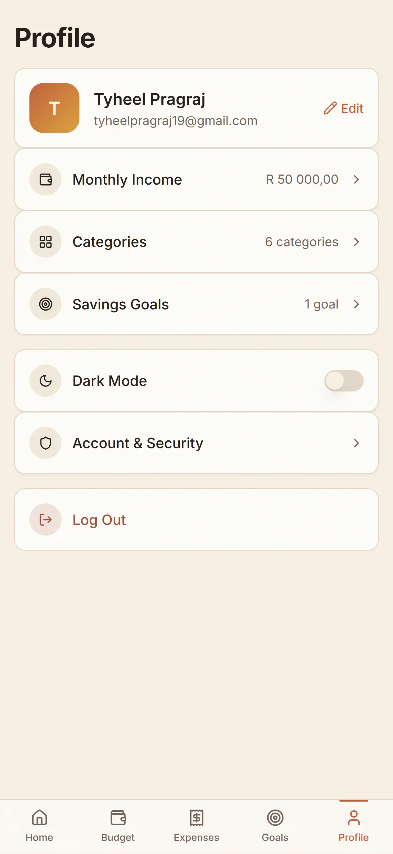 Crest profile screen with monthly income and category settings